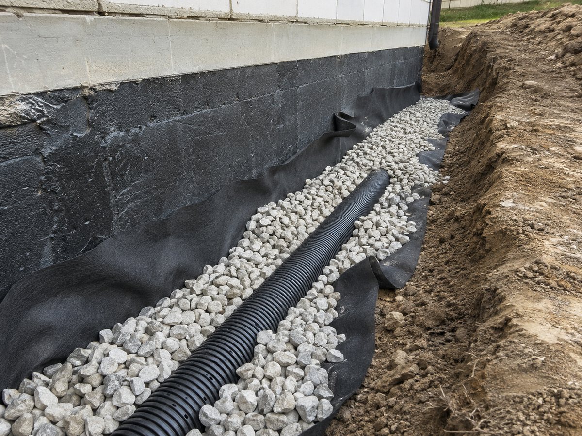 Wykop przy fundamencie z rurą drenarską w obsypce żwirowej i geowłókniną
